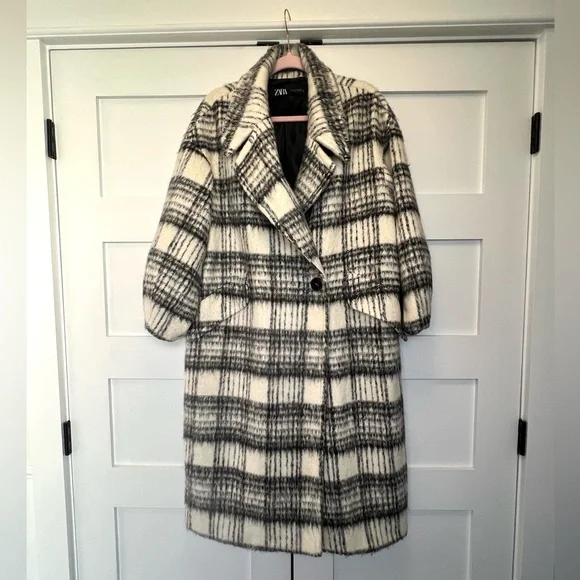 ZARA Black & White Plaid Brushed Wool Oversized Long Wool Coat - Picture 14 of 14